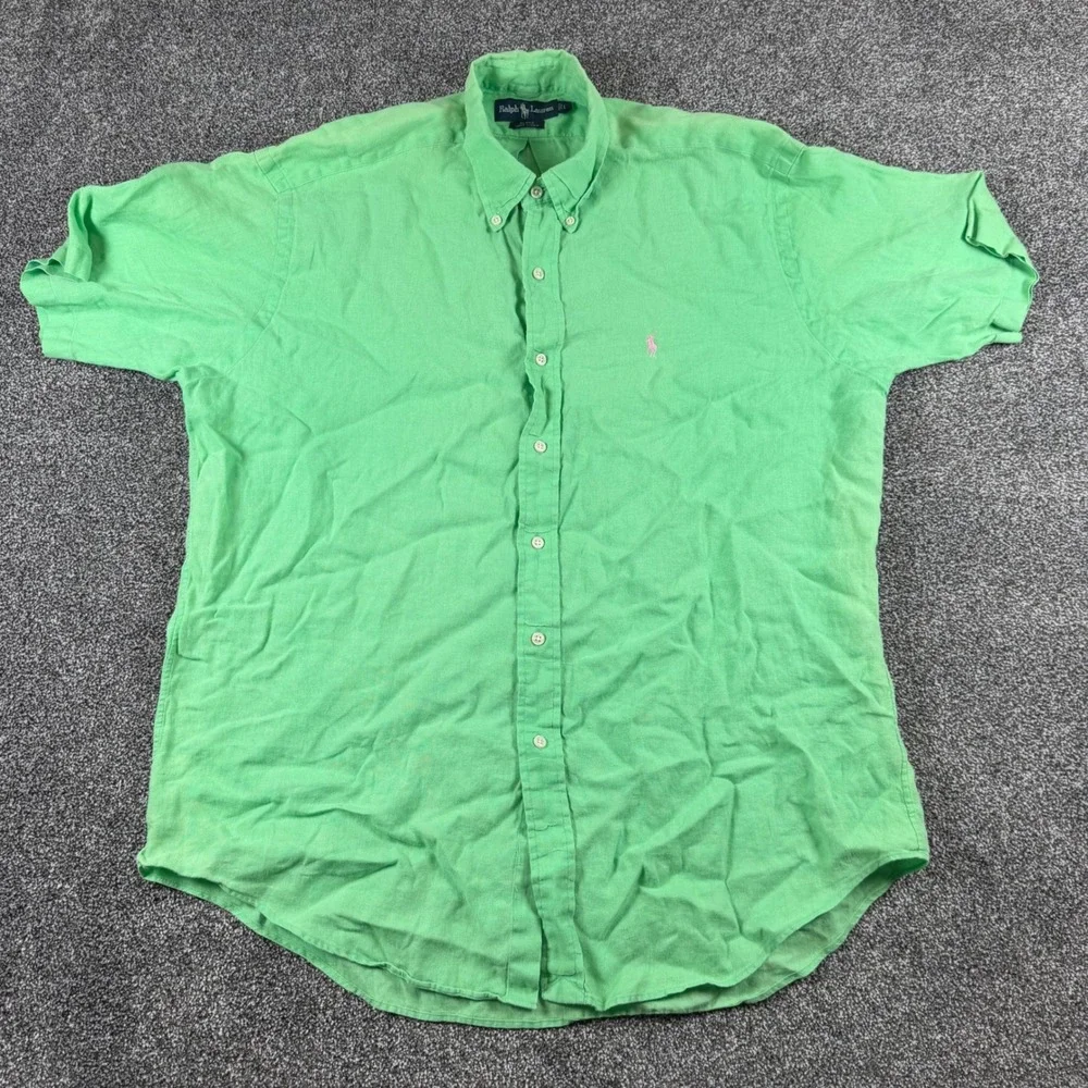 Polo Ralph Lauren Blake Shirt Large Green 100% Linen Short Sleeve Button Down